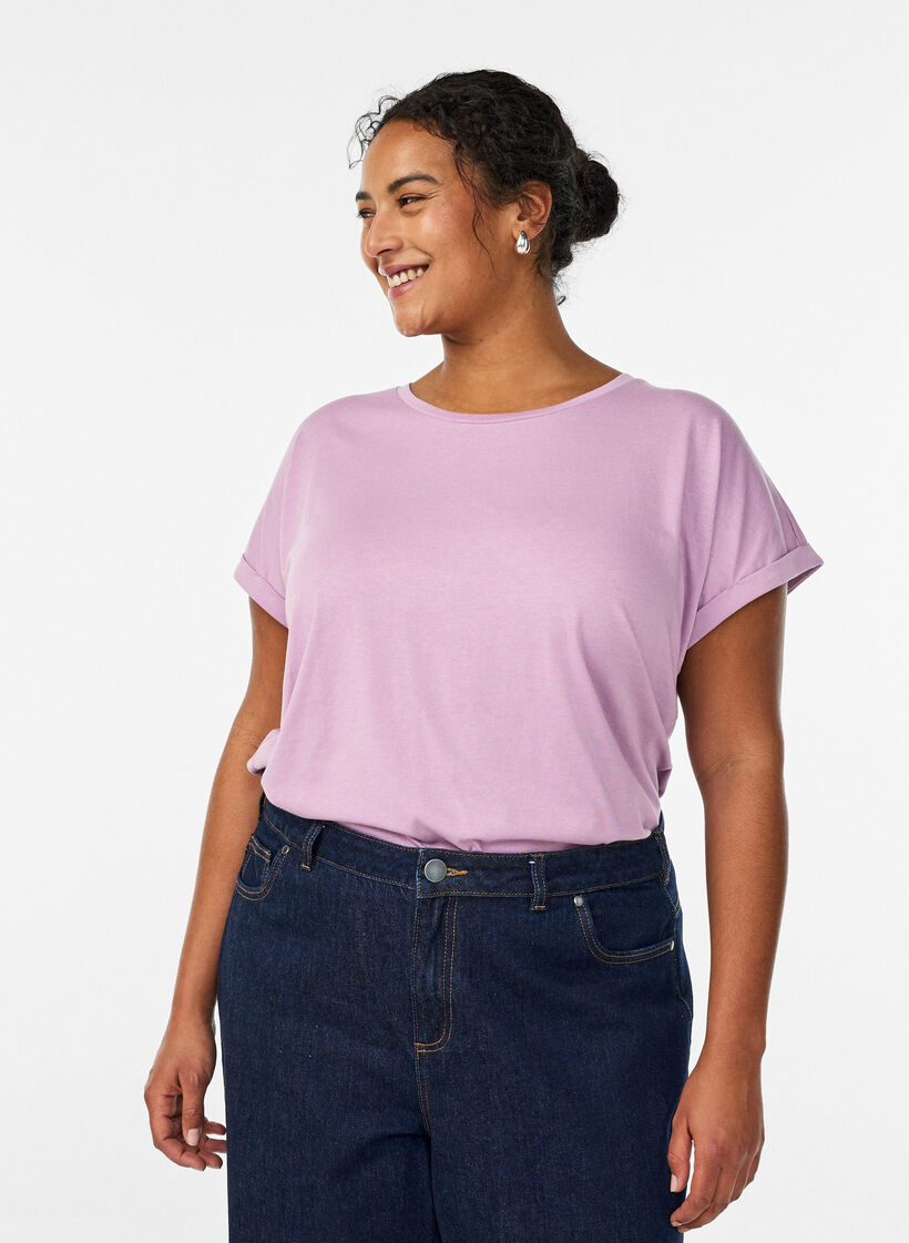 T-shirt &agrave; manches courtes en coton m&eacute;lang&eacute;, Mauve, Model image number 0