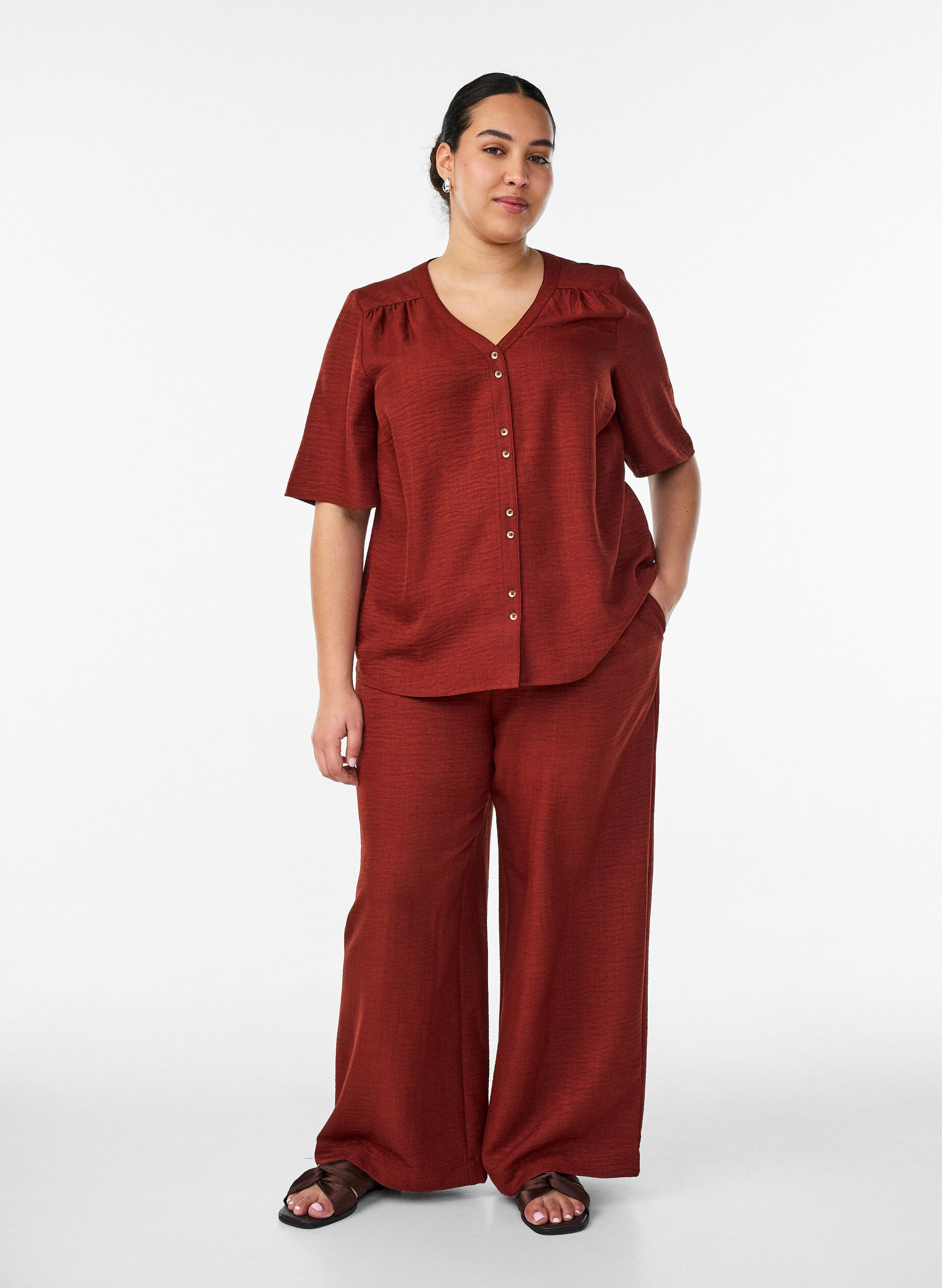 ZizziOverhemd blouse met V-hals en korte mouwen, Rood, Model image number 1
