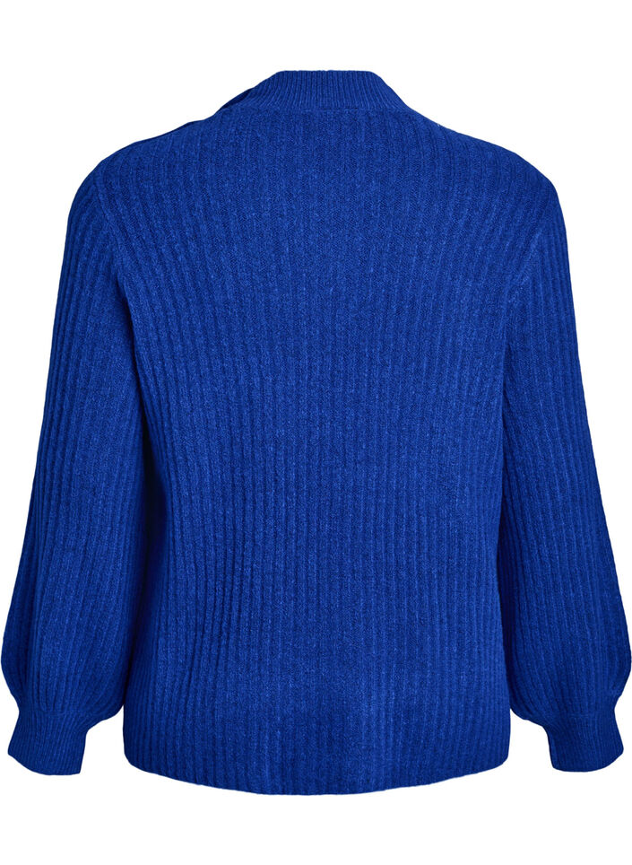 Geribde trui met pofmouwen en knopen, Blauw, Packshot image number 1