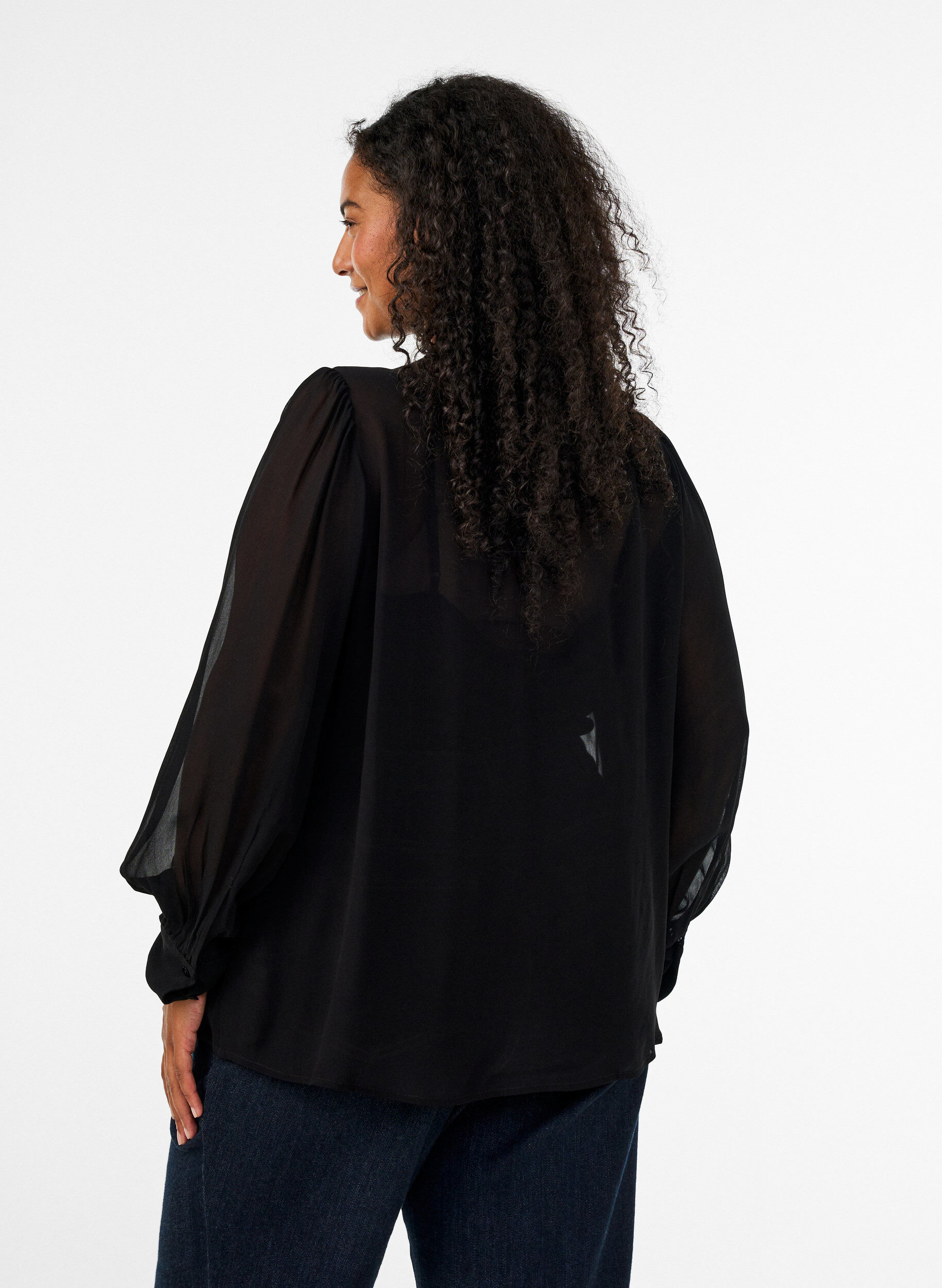 ZizziViscose blouse met een ruchekraag, Zwart, Model image number 2