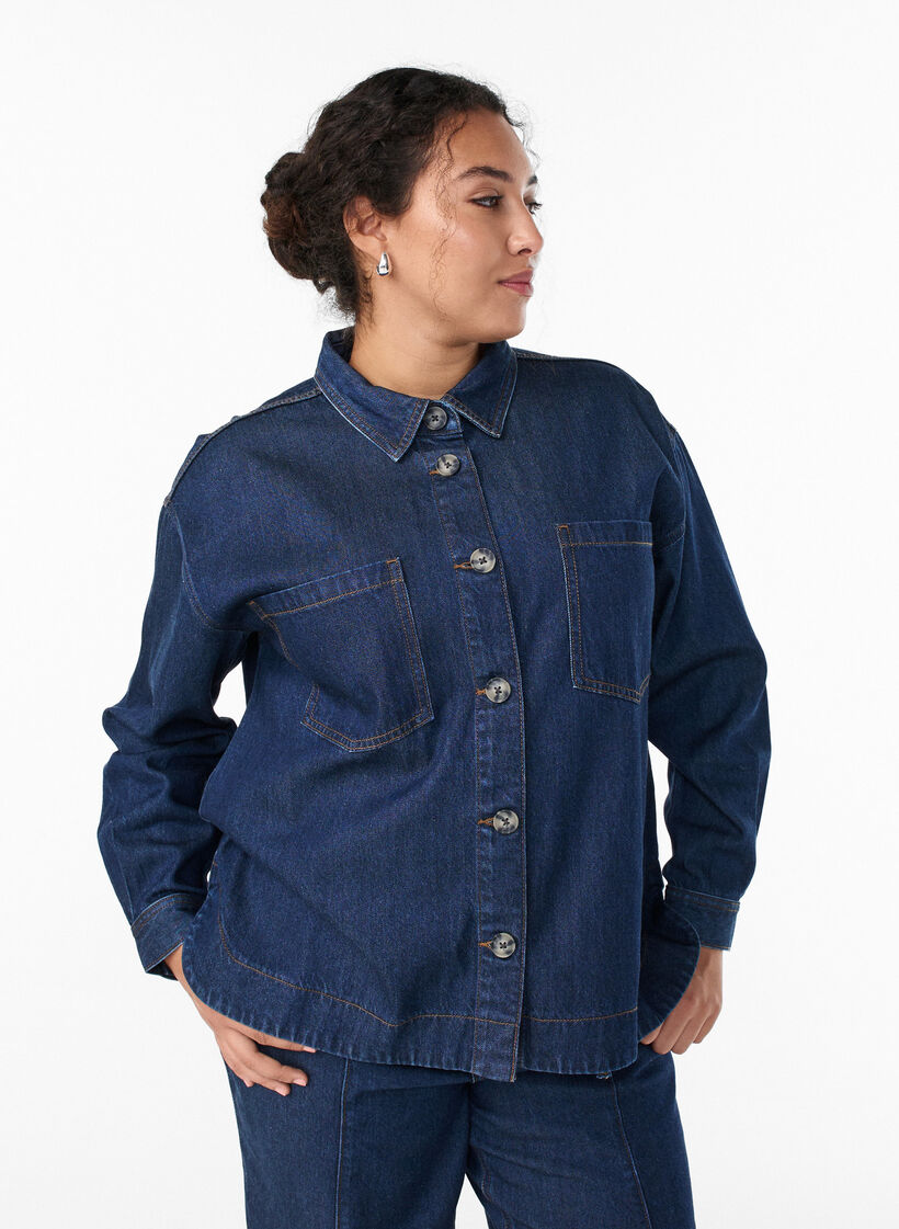 Losse denimshirt met zakken op de borst, Blauw, Model image number 0
