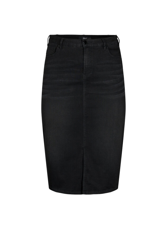 Denim midi-rok met split, Black, Packshot