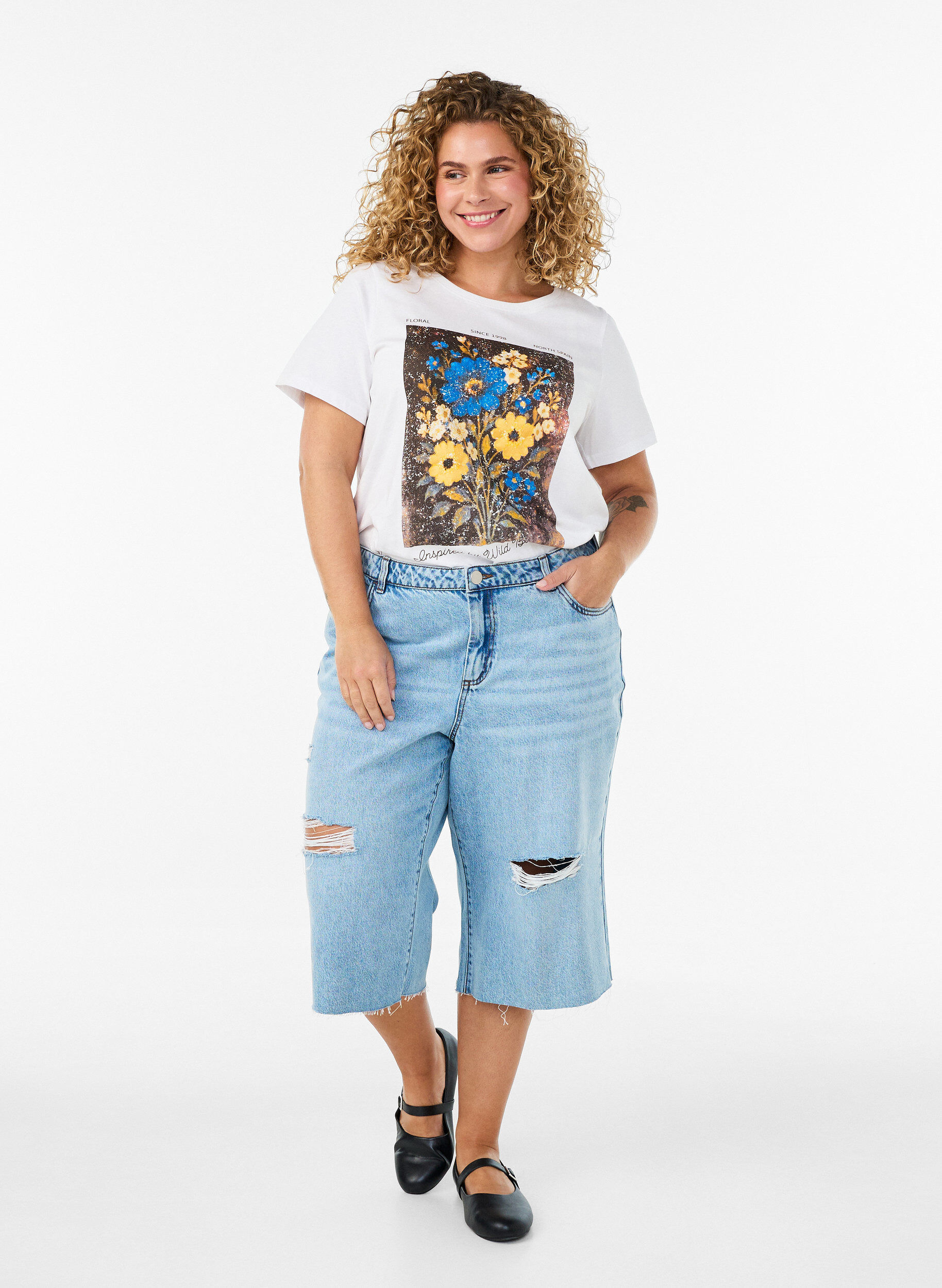 ZizziKatoenen T-shirt met print aan de voorkant, Wit, Model image number 1