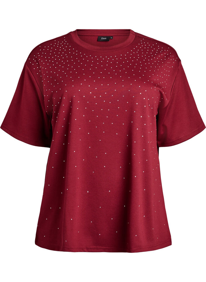 T-shirt met ronde hals en rhinestones, Donker Bordeaux, Packshot image number 0