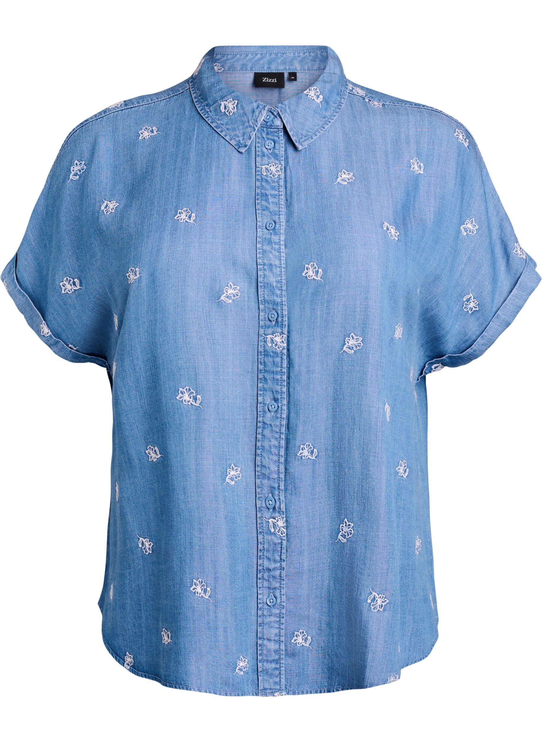 Denimlook lyocell shirt met bloemenborduursel
