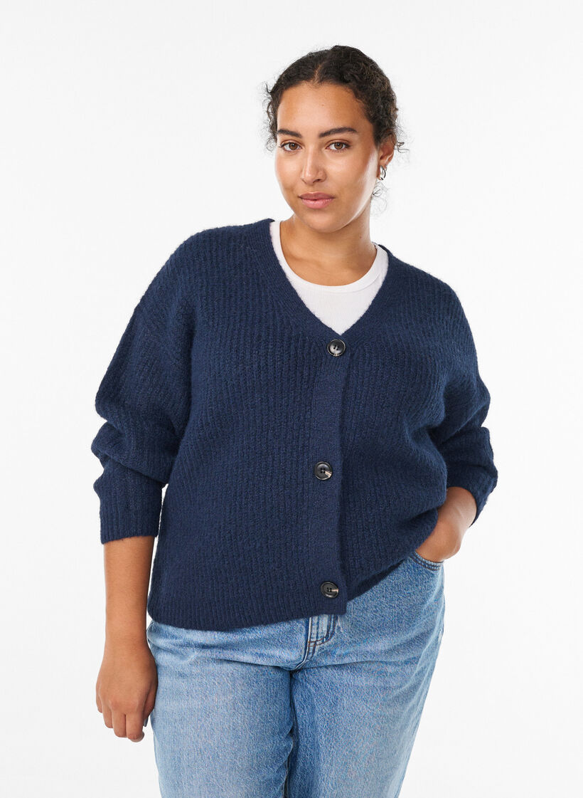 V-hals cardigan van breisel, Blauw, Model image number 0