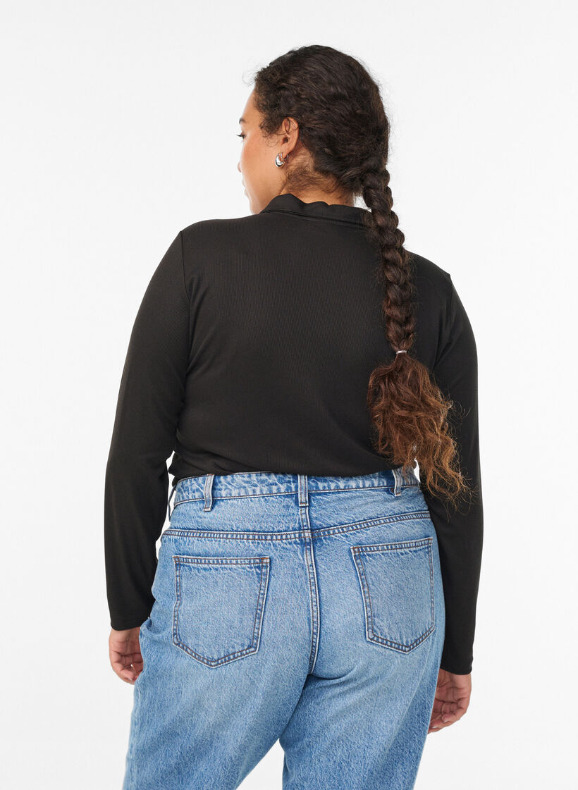 Polo in zachte rib met lange mouwen, Zwart, Model image number 2