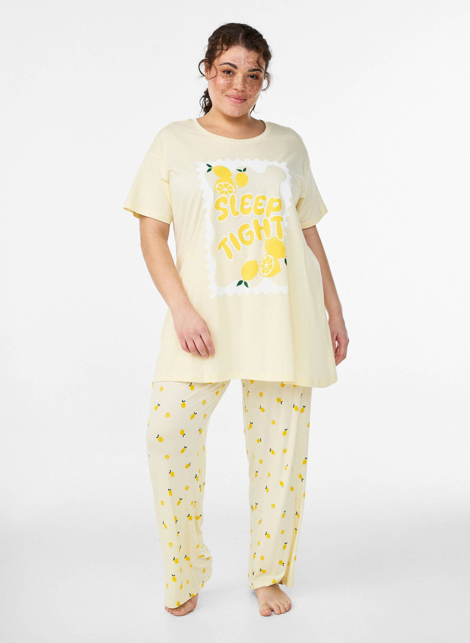 Pyjamabroek in zachte jersey met hoge taille en fruitprint, Geel, Model
