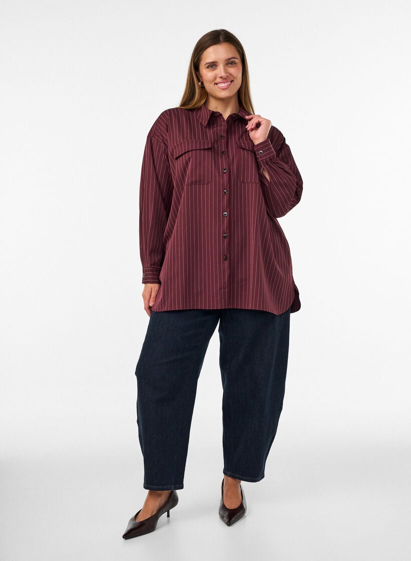 Gestreept overhemd met borstzakken, Rood, Model image number 1