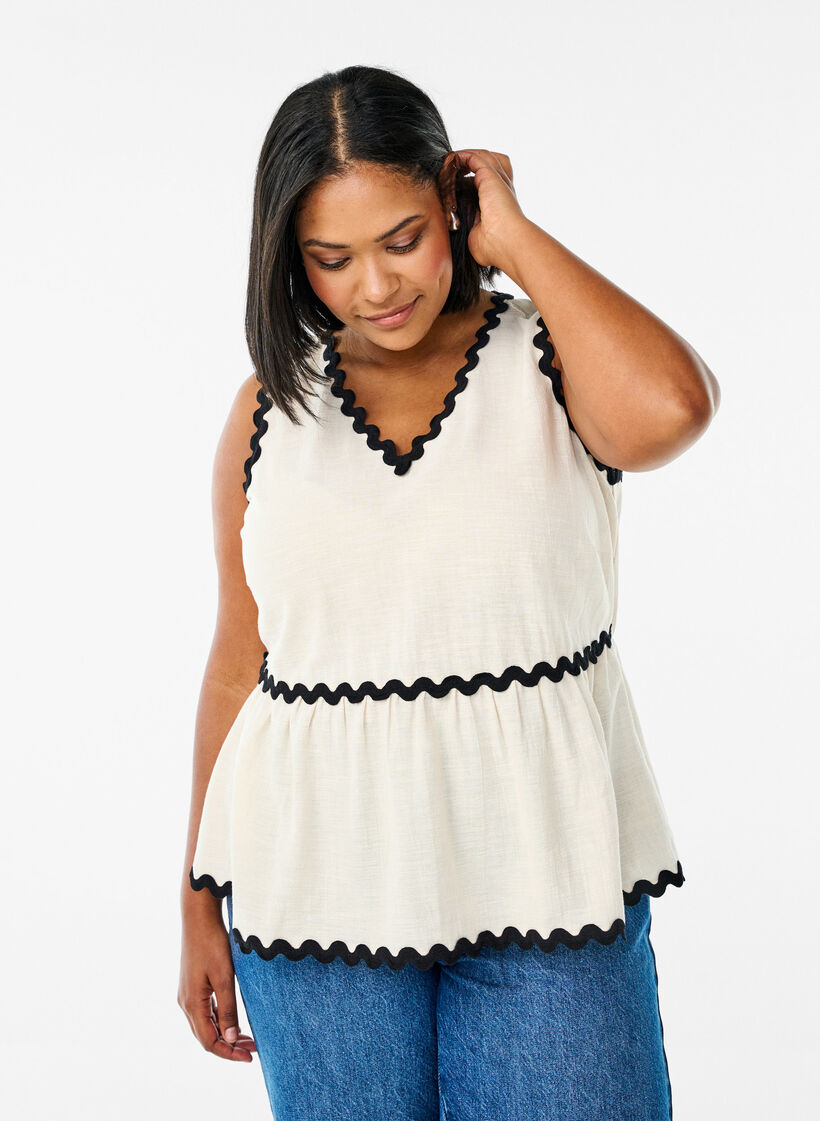 Mouwloze blouse met gekartelde contrasterende randen, Sandshell, Model