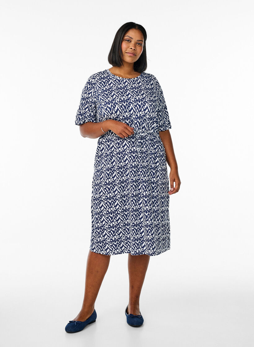 Jersey midi jurk met strikriem in de taille, Blauw, Model image number 0