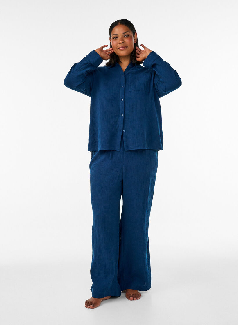 Pantalon de pyjama ample en mousseline de coton, Bleu, Model image number 0