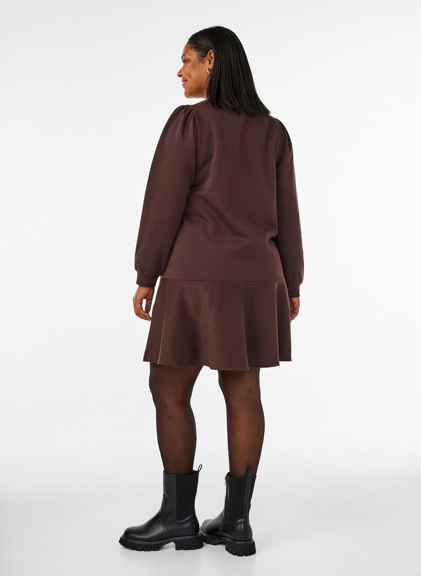 Sweatshirtjurk met ruches in laagjes en A-lijnvorm, Bruin, Model image number 2