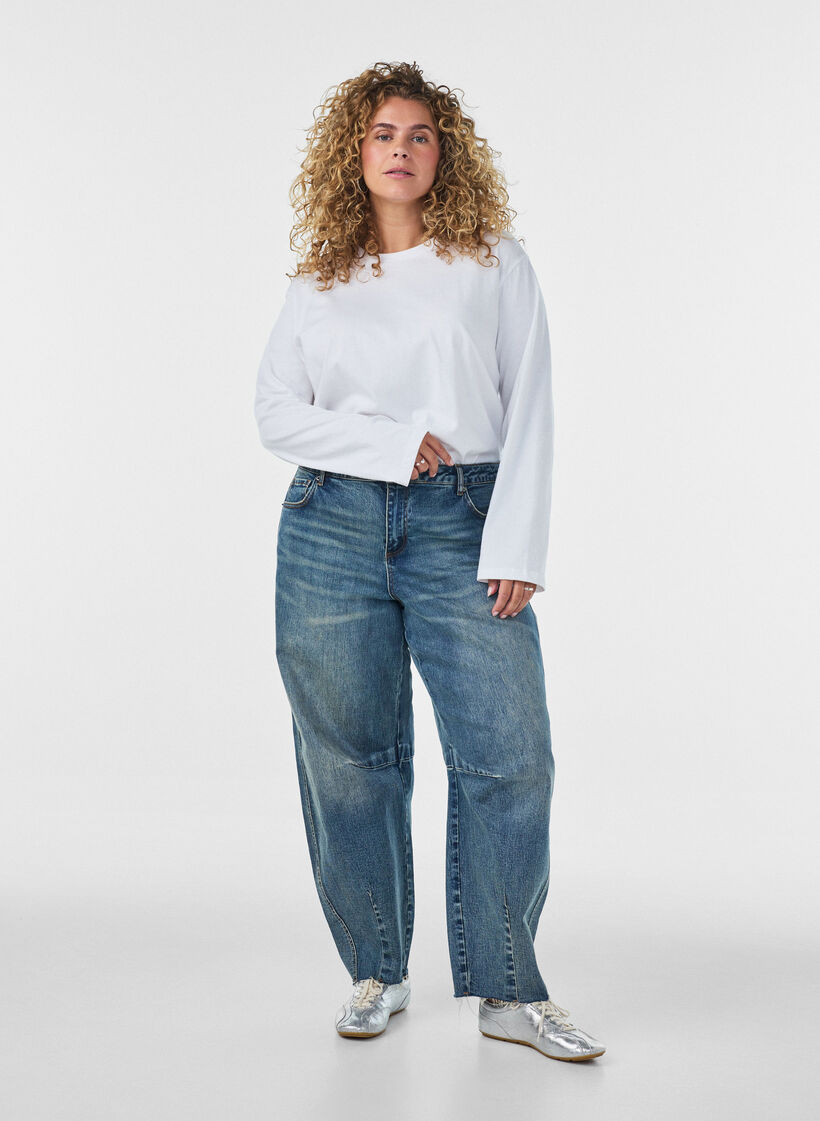 Barrel-fit jeans met een distressed wash, Blauw, Model image number 0