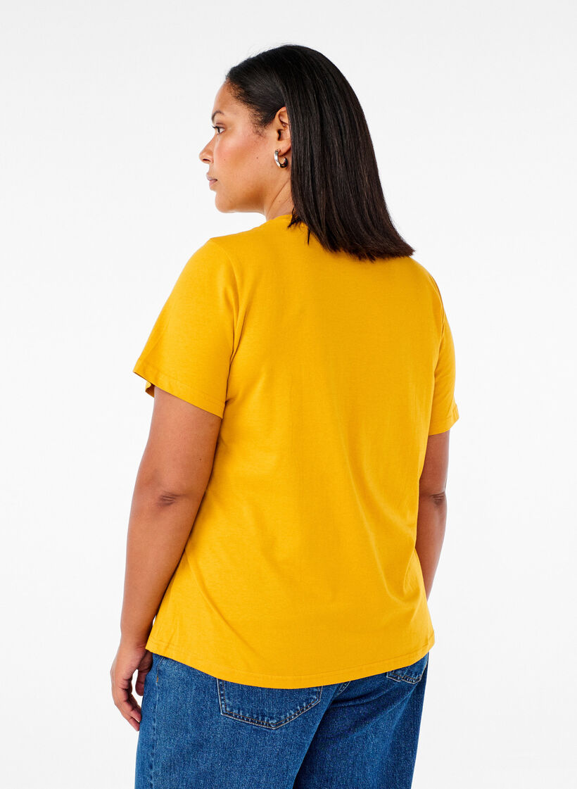 Basic katoenen T-shirt met ronde hals, Geel, Model image number 2
