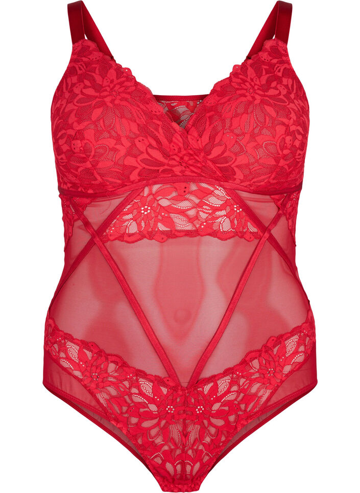 Kanten bodystocking met mesh, Rhythmic Red, Packshot
