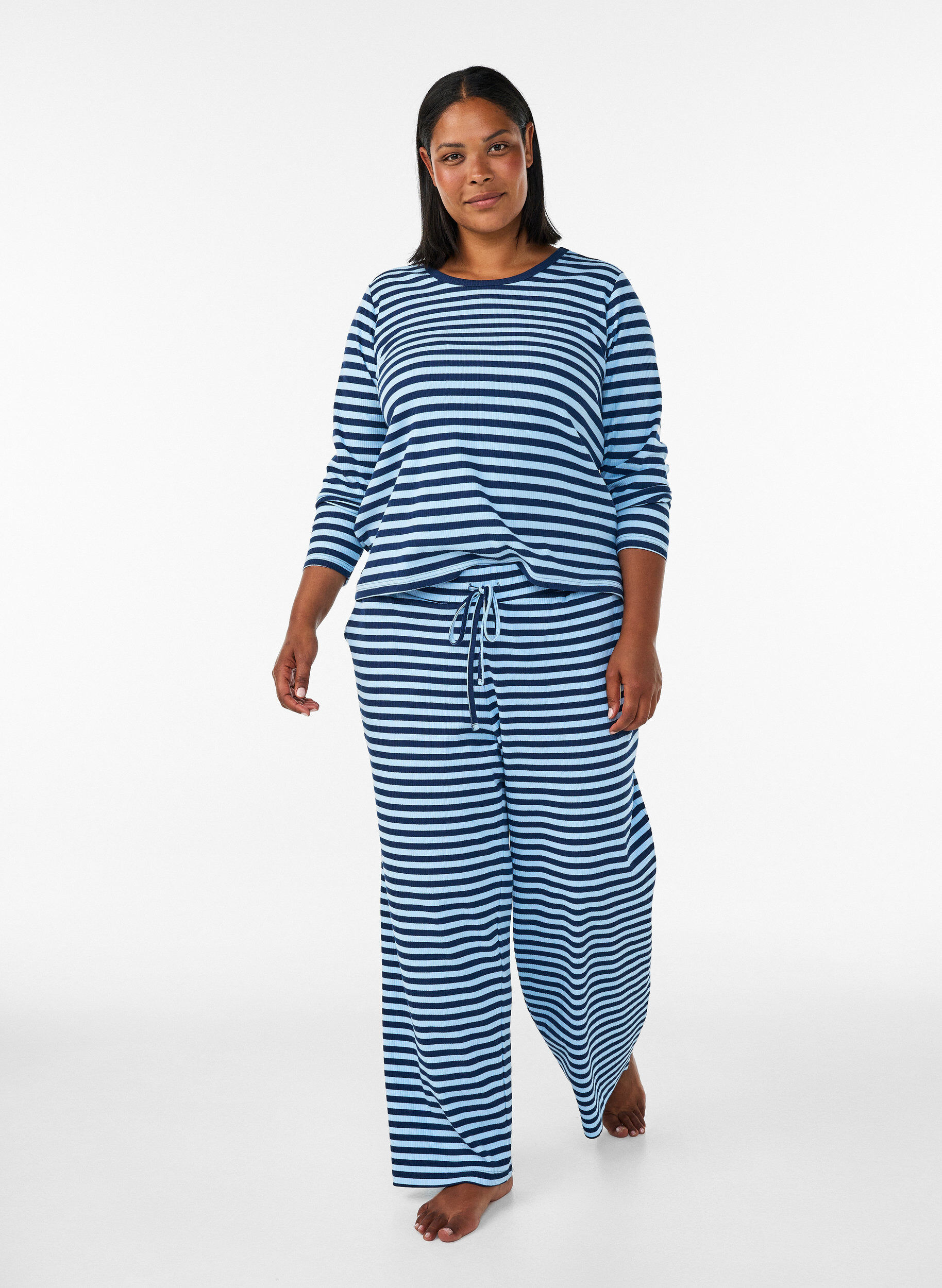 ZizziNachtbovenstuk met lange mouwen in geribde jersey met strepen, Blauw, Model image number 1