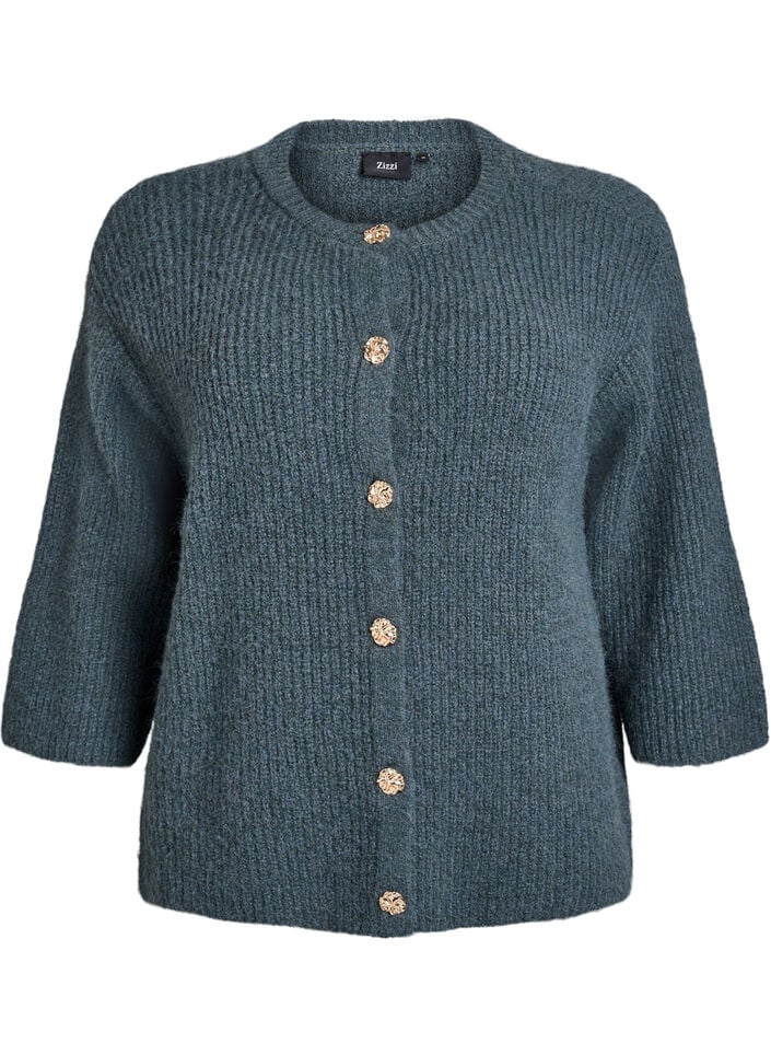 Korte cardigan met 3/4-mouwen en gouden textuur knopen, Groen, Packshot image number 0