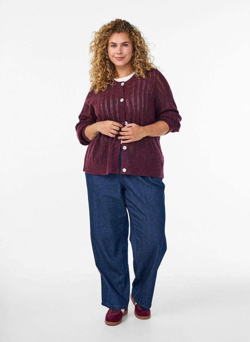 Gebreide cardigan met opengewerkt patroon, Donker Bordeaux, Model image number 1