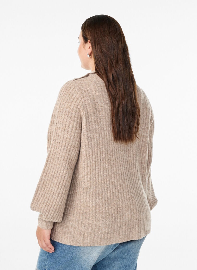 Geribde trui met pofmouwen en knopen, Beige, Model image number 2
