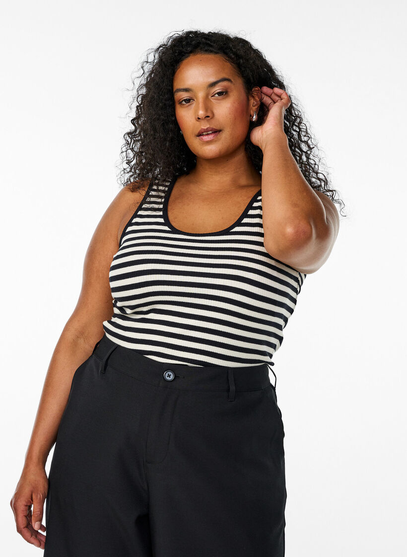 Gestreepte tanktop met een ribstructuur, Zwart, Model image number 0