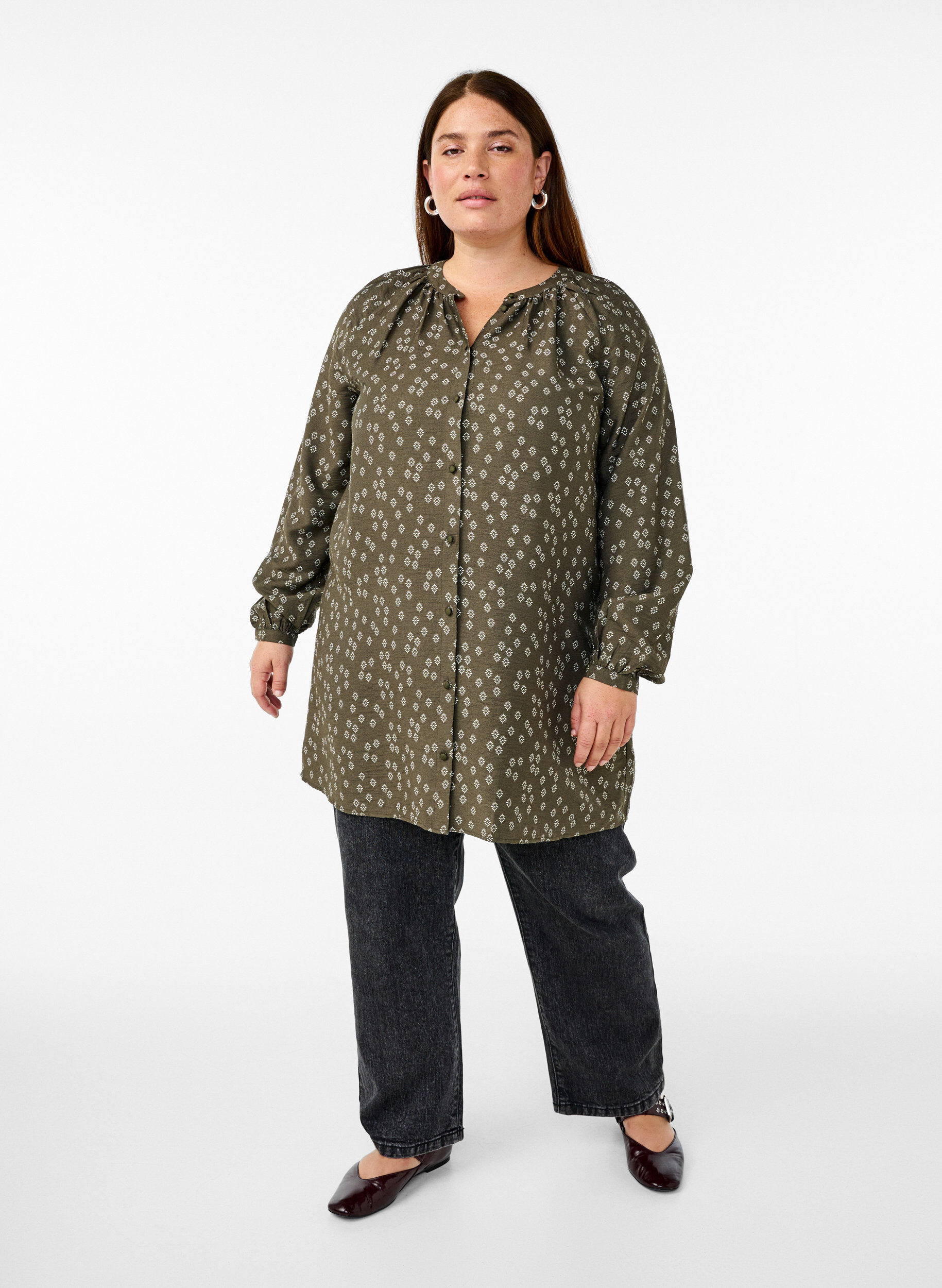 ZizziTunic met lange mouwen en bloemenprint, Groen, Model image number 1