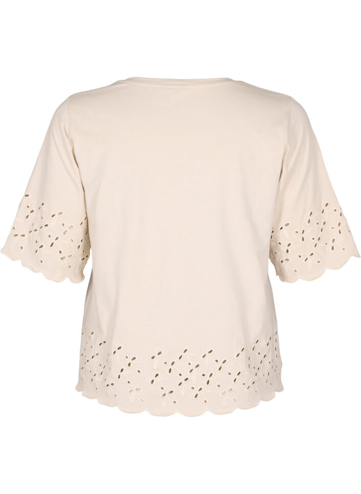T-shirt met broderie anglaise en geschulpte randen, Beige, Packshot image number 1