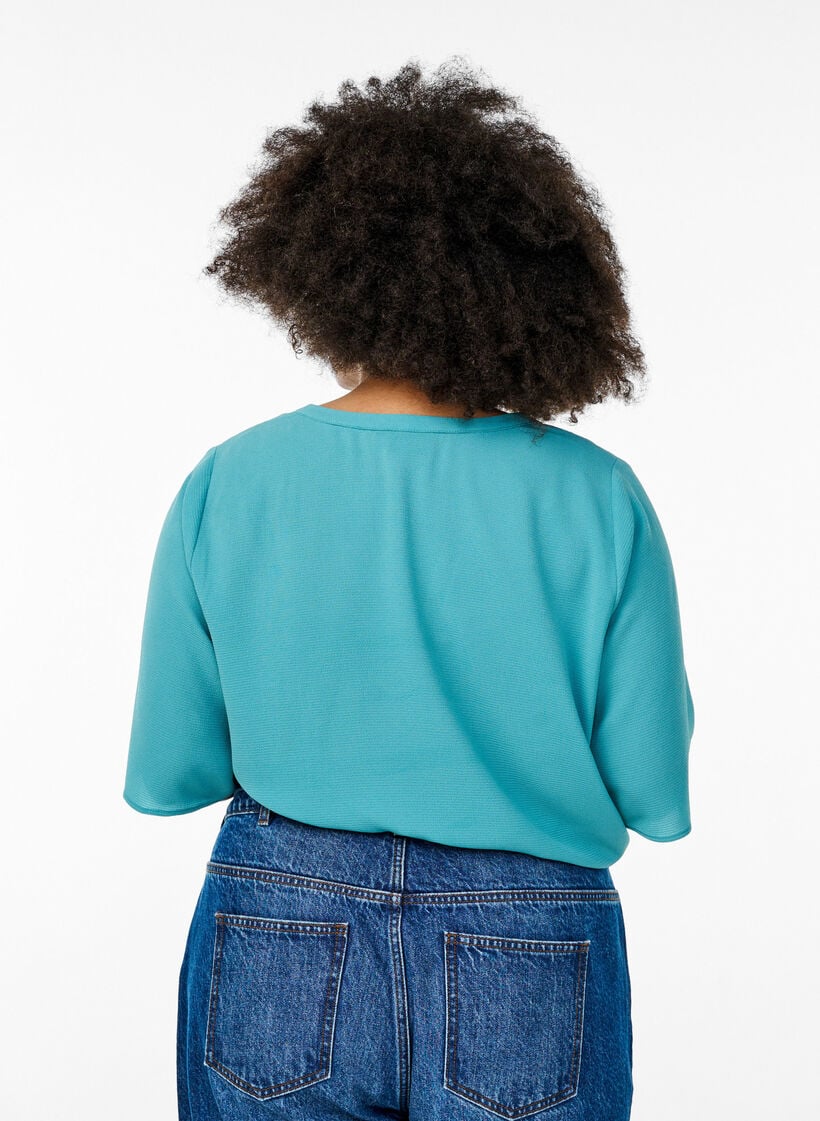 Blouse met korte mouwen en V-hals, Groen, Model image number 2