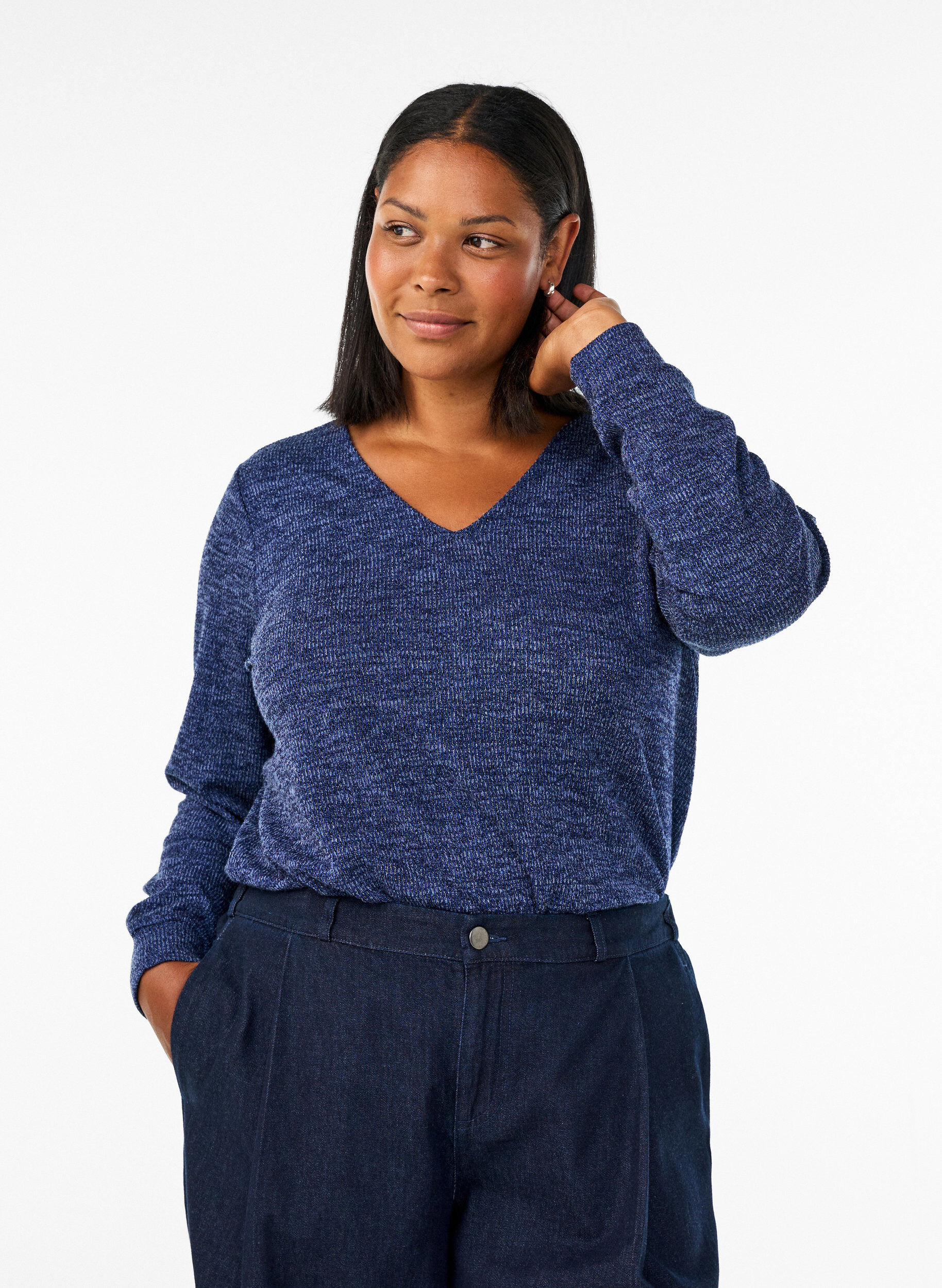 Jersey blouse met V-hals en lange mouwen, Blauw, Model