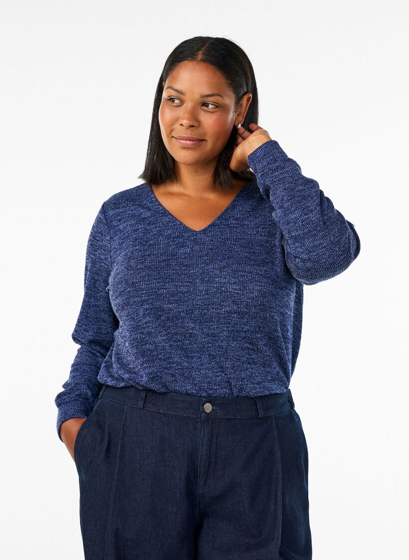 Jersey blouse met V-hals en lange mouwen, Blauw, Model image number 0