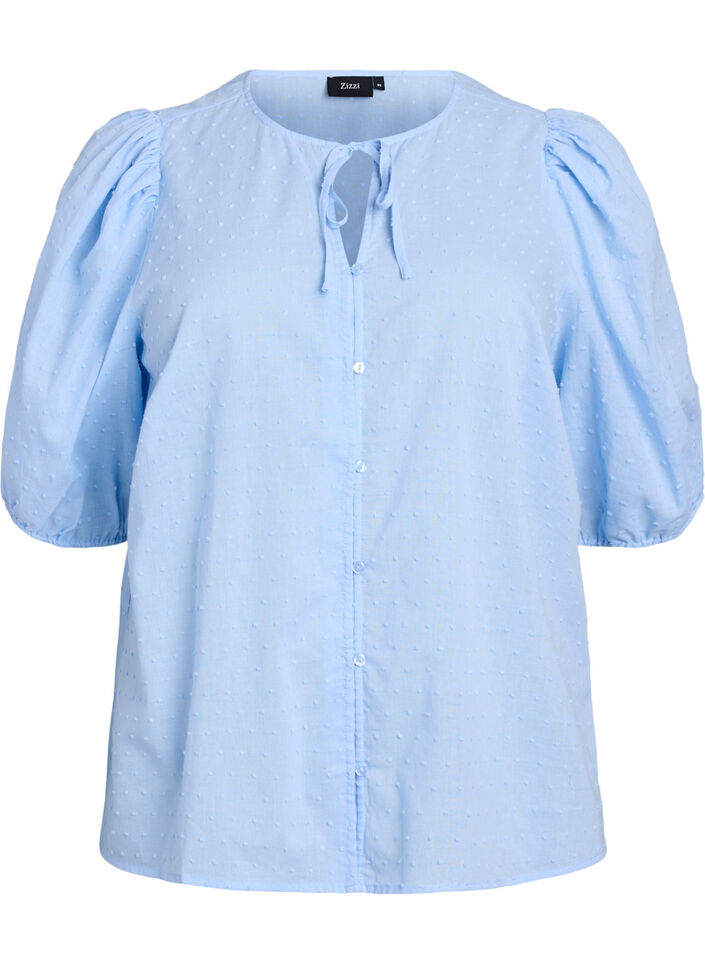 Shirtblouse met strikkoord en gestippelde textuur, Blauw, Packshot image number 0