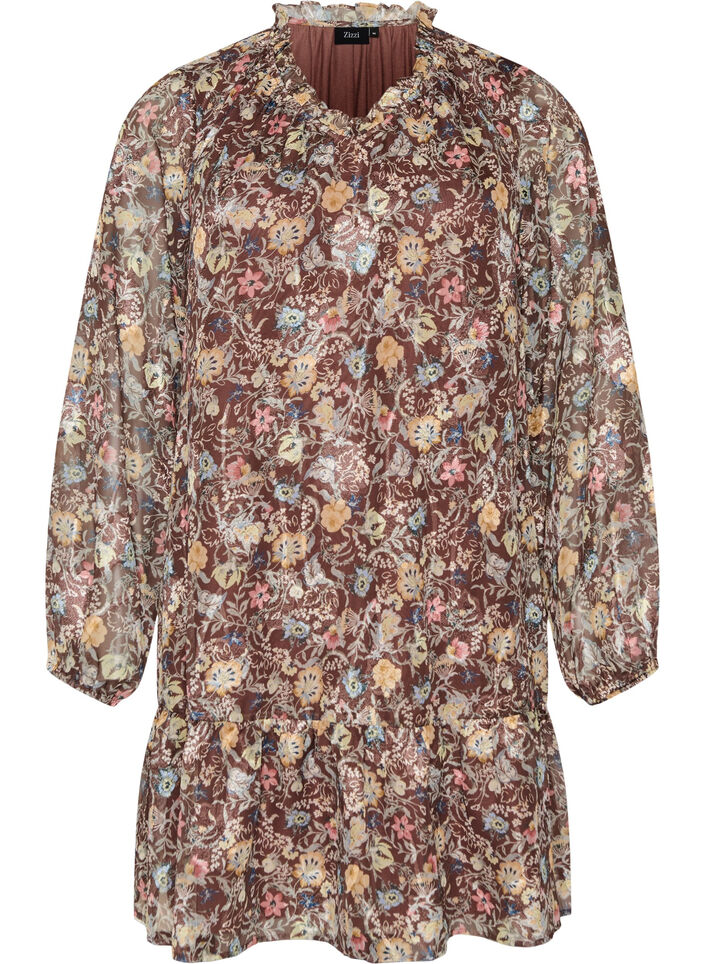 Chiffon jurk met bloemenprint en rucheslagen, Bruin, Packshot image number 0