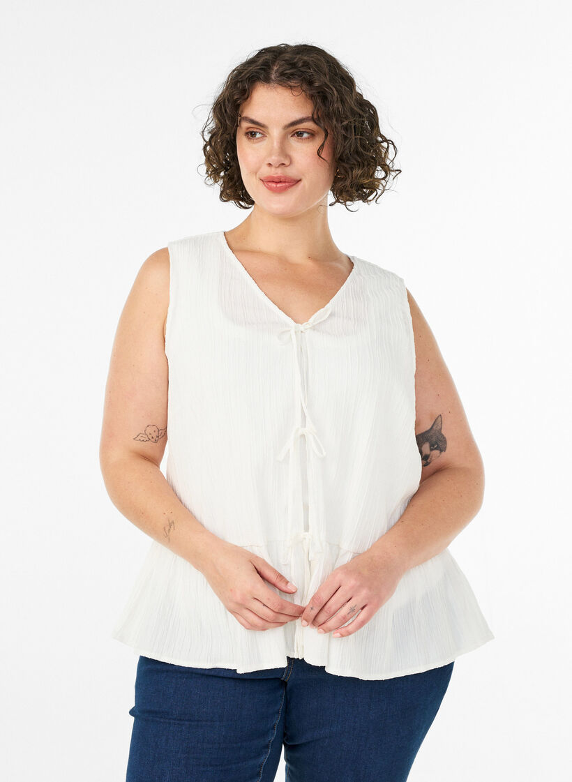 Mouwloze blouse met textuur en een striksluiting, Vanille, Model image number 0