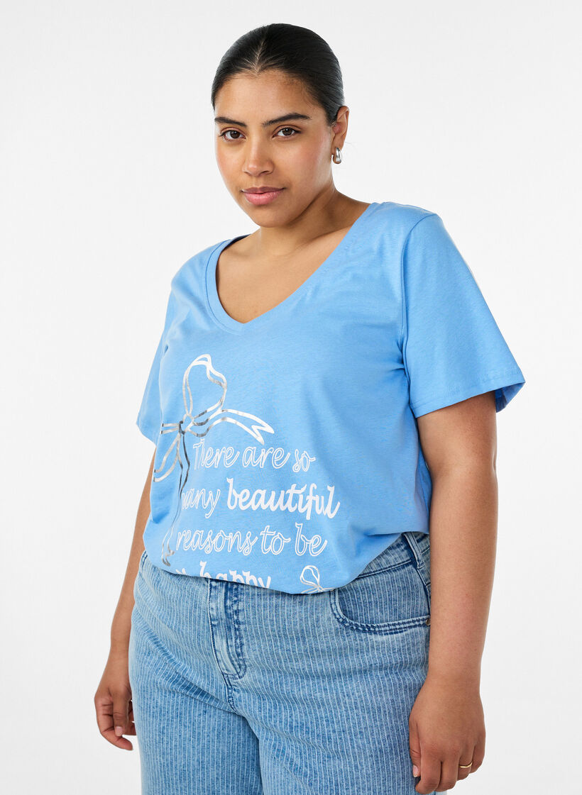 Katoenen T-shirt met V-hals en print aan de voorkant, Blauw, Model image number 0