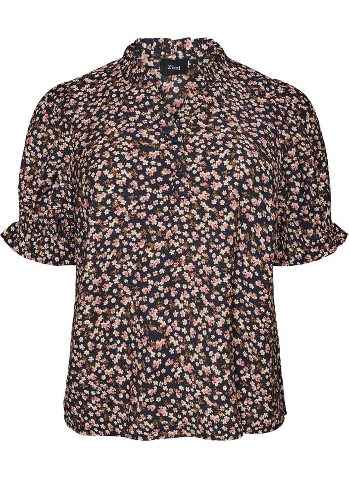 Blouse van viscose met bloemenprint, korte mouwen en smockdetails, Blauw, Packshot image number 0