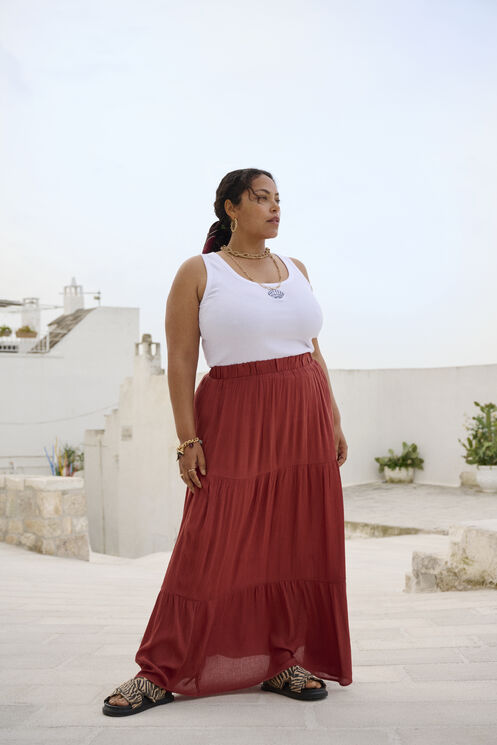 Top met print en maxi-rok., , Model