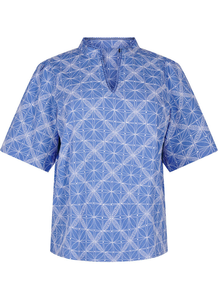 Blouse met korte mouwen en geborduurd patroon, Blauw, Packshot image number 0