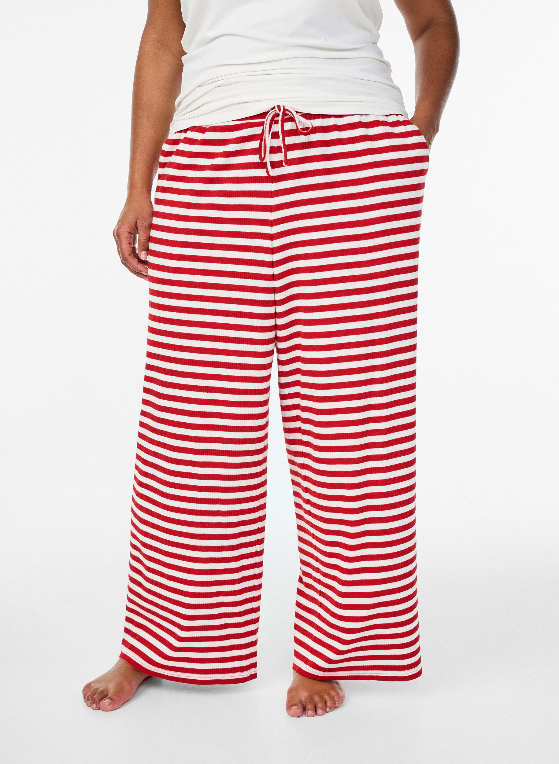 ZizziGestreepte pyjamabroek met een high waist en wijde pijpen, Rood, Model image number 2