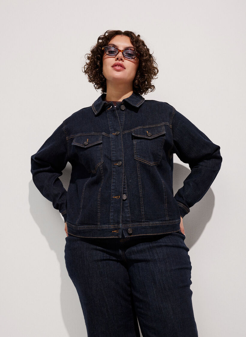 Klassiek denimjack met contrasterend stiksel, Blauw, Model image number 0