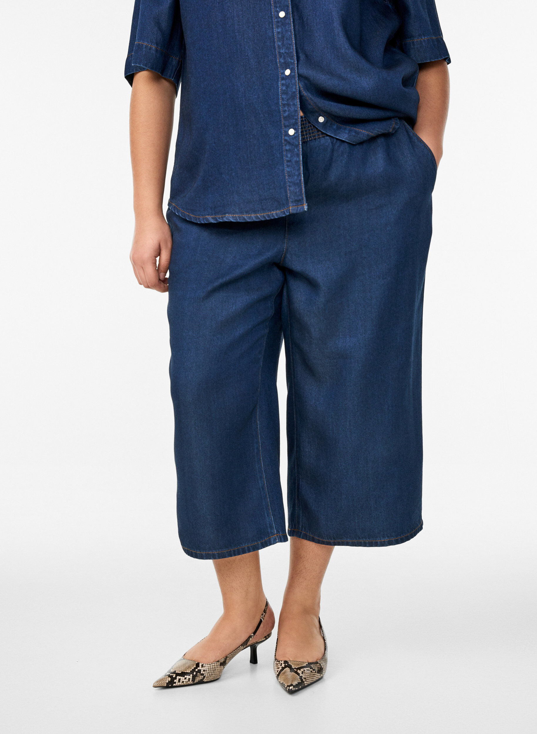 ZizziLyocell culotte broek met wijde pijpen en denimlook, Blauw, Model image number 2