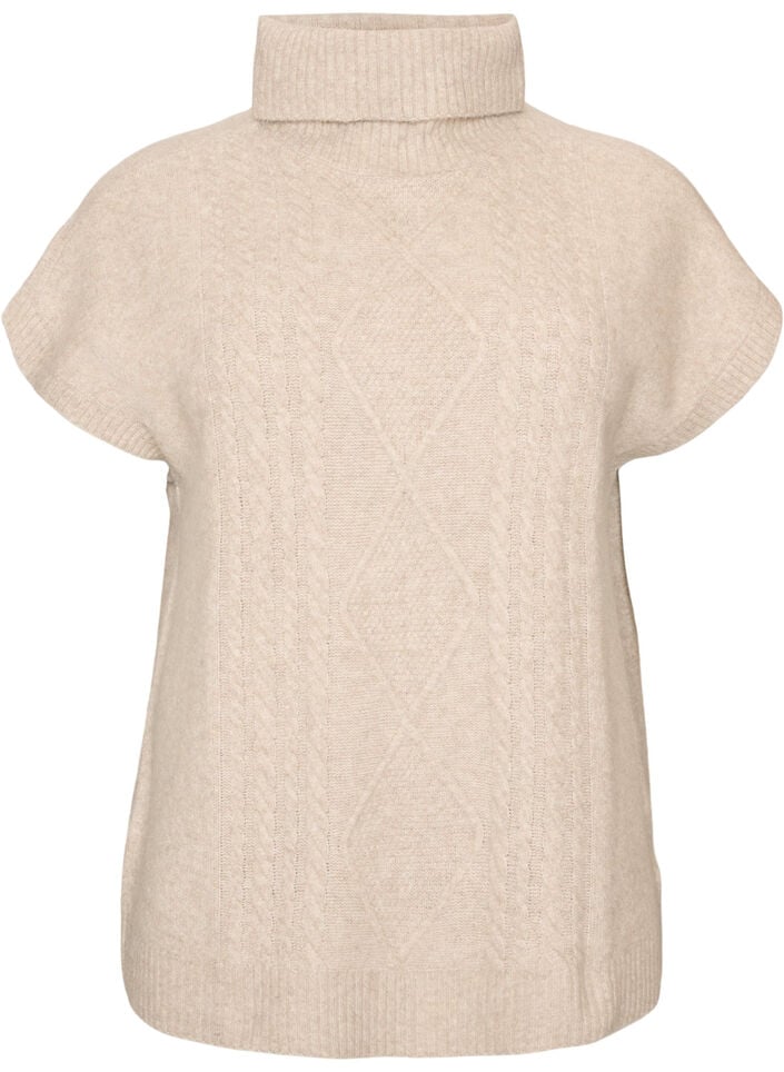 Gebreid vest met col en kabelpatroon, Beige, Packshot image number 0