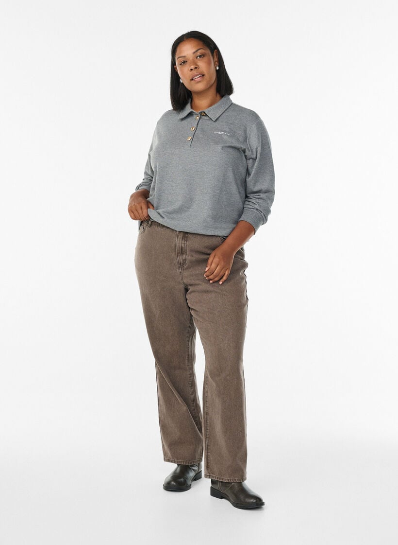Polo met lange mouwen met decoratieve knopen, Medium Grey Melange, Model