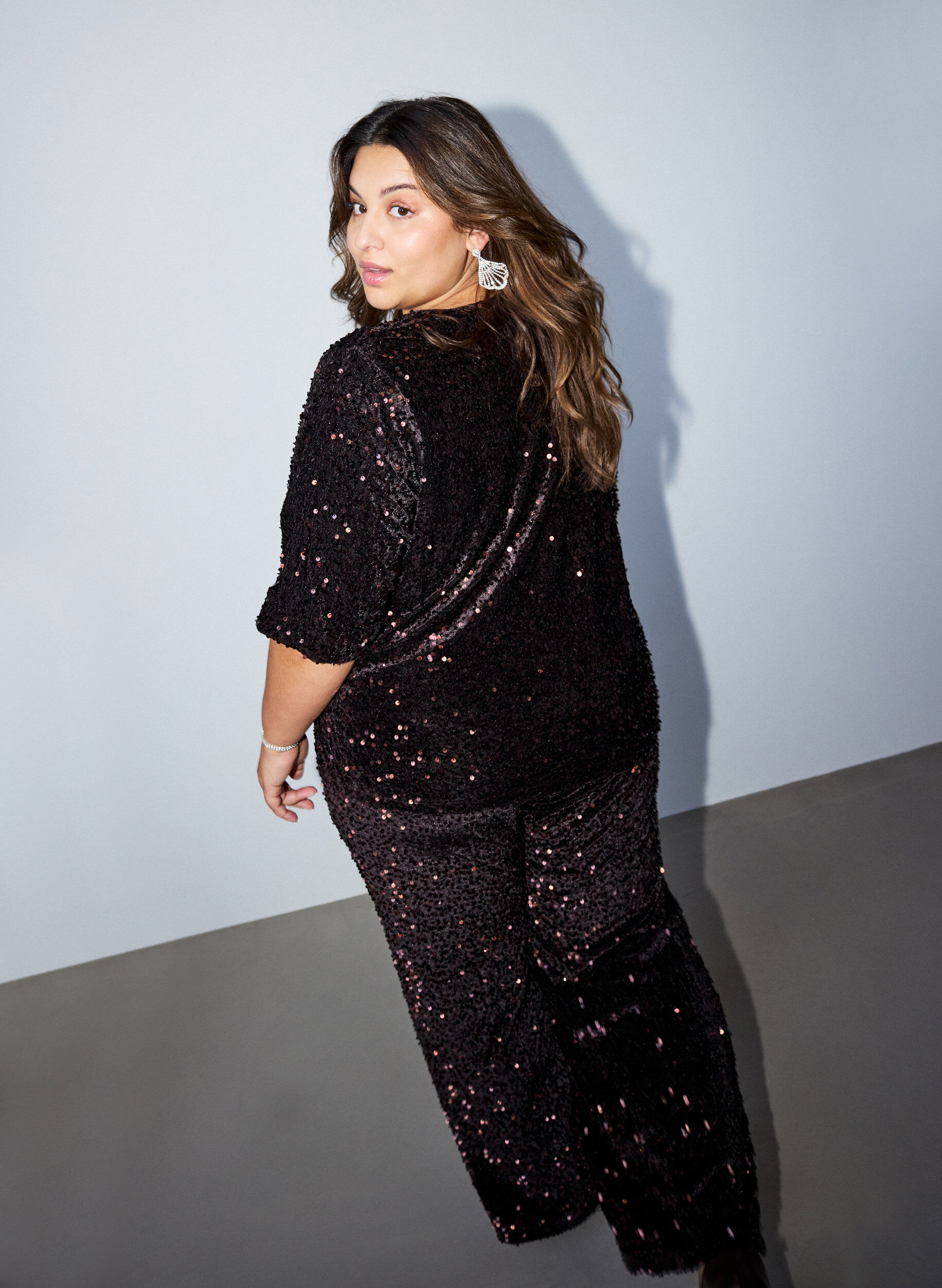 ZizziPaillettenblouse met mouwen tot de elleboog, Bruin, Model image number 2