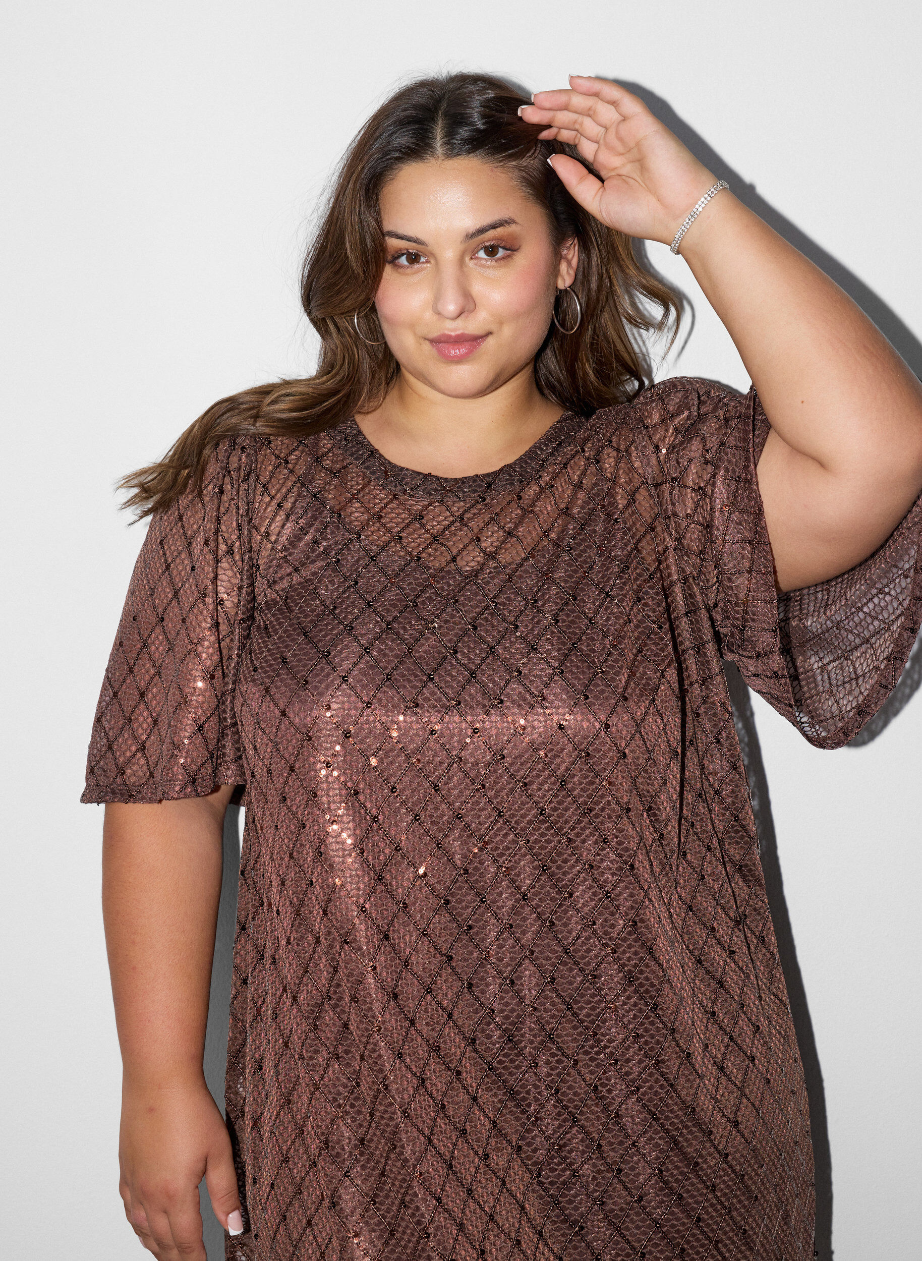 ZizziKorte jurk met pailletten en ruitpatroon, Bruin, Model image number 3