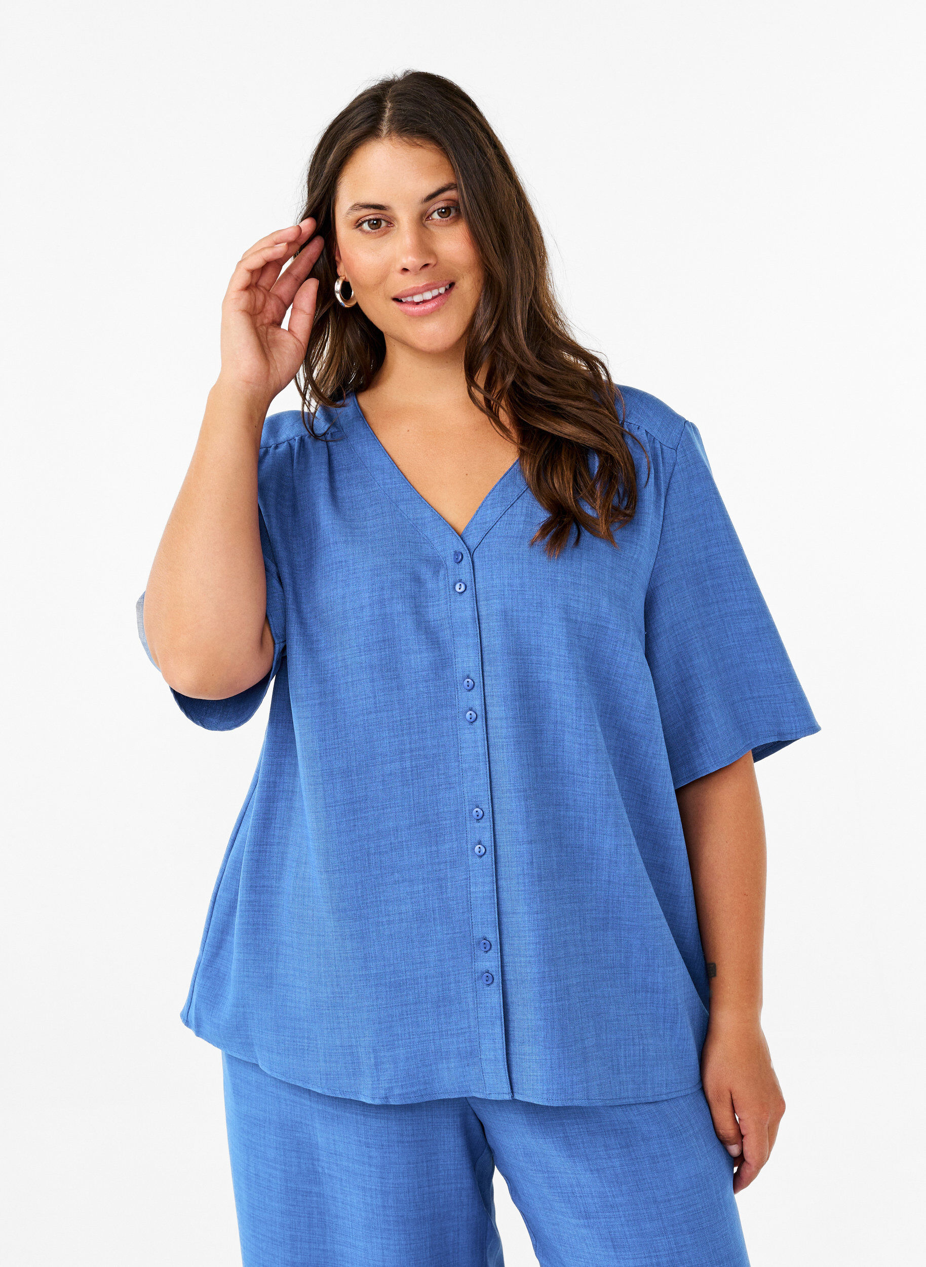 ZizziOverhemd blouse met V-hals en korte mouwen, Blauw, Model image number 0