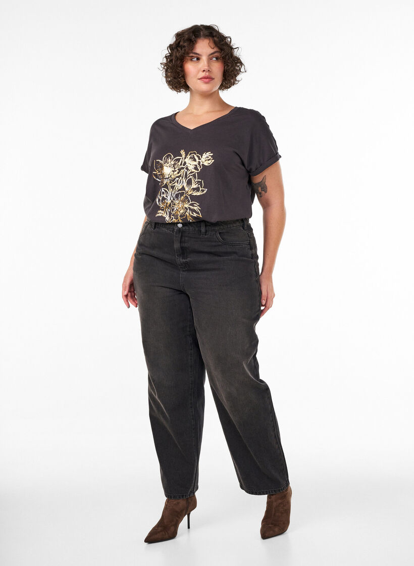 Katoenen T-shirt met goudkleurige folieprint, Grijs, Model image number 1