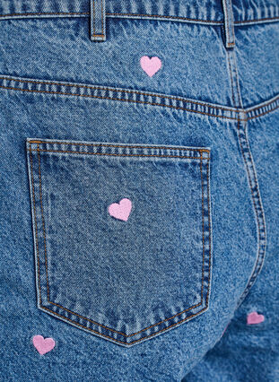ZizziKorte spijkerbroek met hoge taille en geborduurde hartjes, Blauw, Packshot image number 3