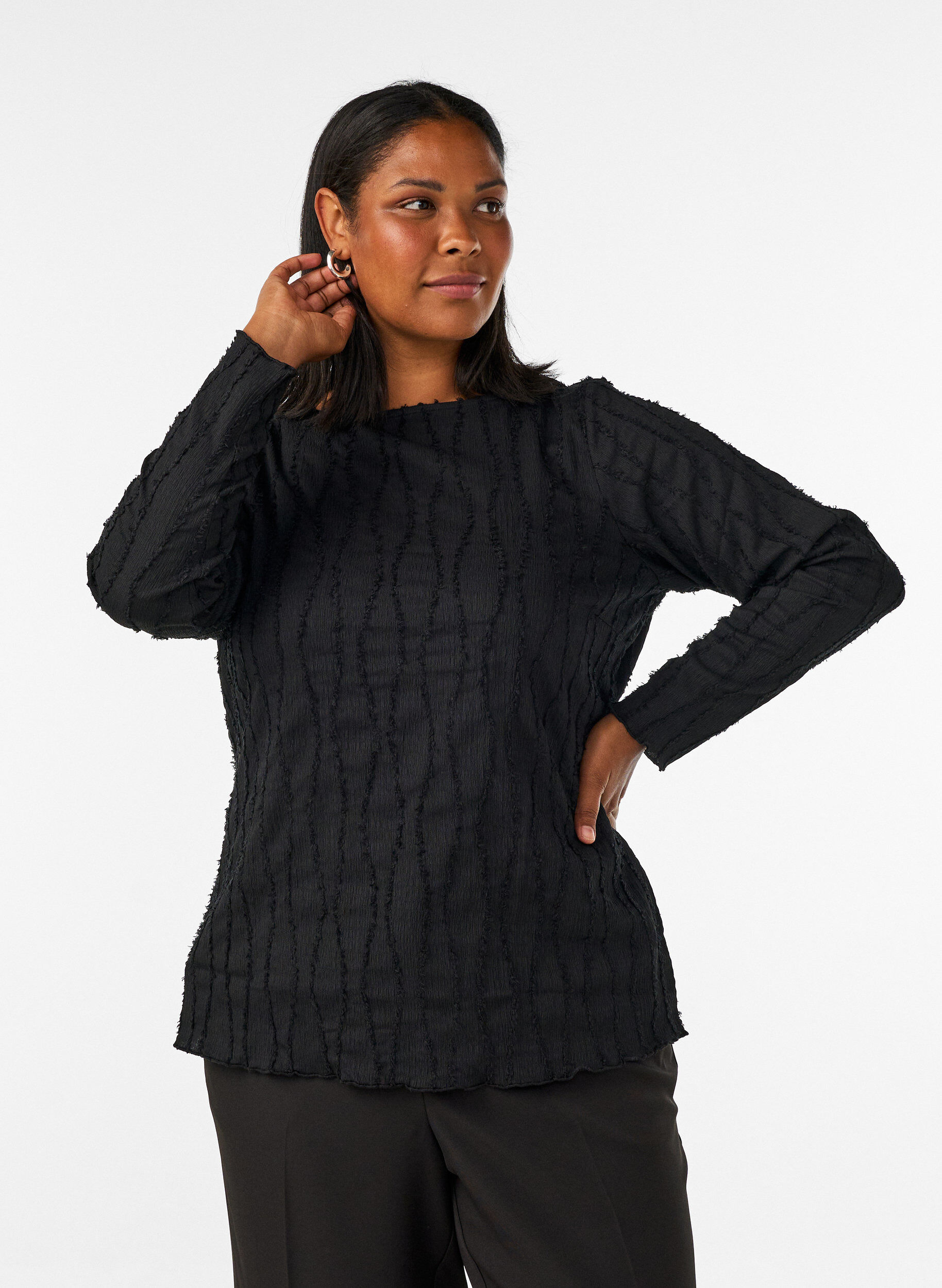 Jersey blouse met een golvende textuur, Zwart, Model