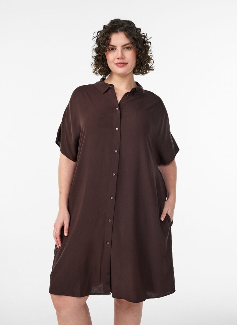 Losvallend lang shirt van viscose, Bruin, Model image number 0
