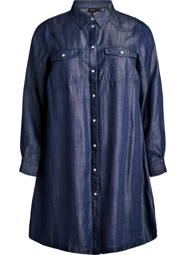 Korte denimjurk in lyocell met drukkers, Blauw, Packshot image number 0
